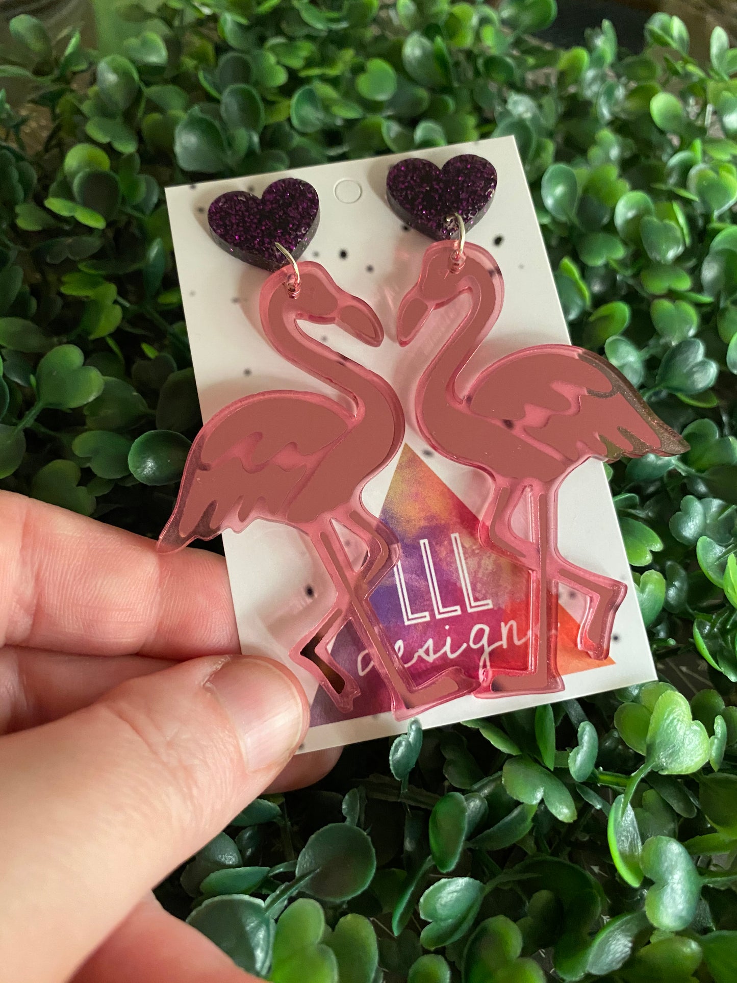 Flamingo Lover Duo Statement Dangle Statement Earrings. Featuring Purple Glitter Heart Tops.