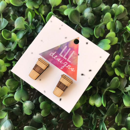 Timber Etched Takeaway Coffee Cups. Coffee Addict Earrings.