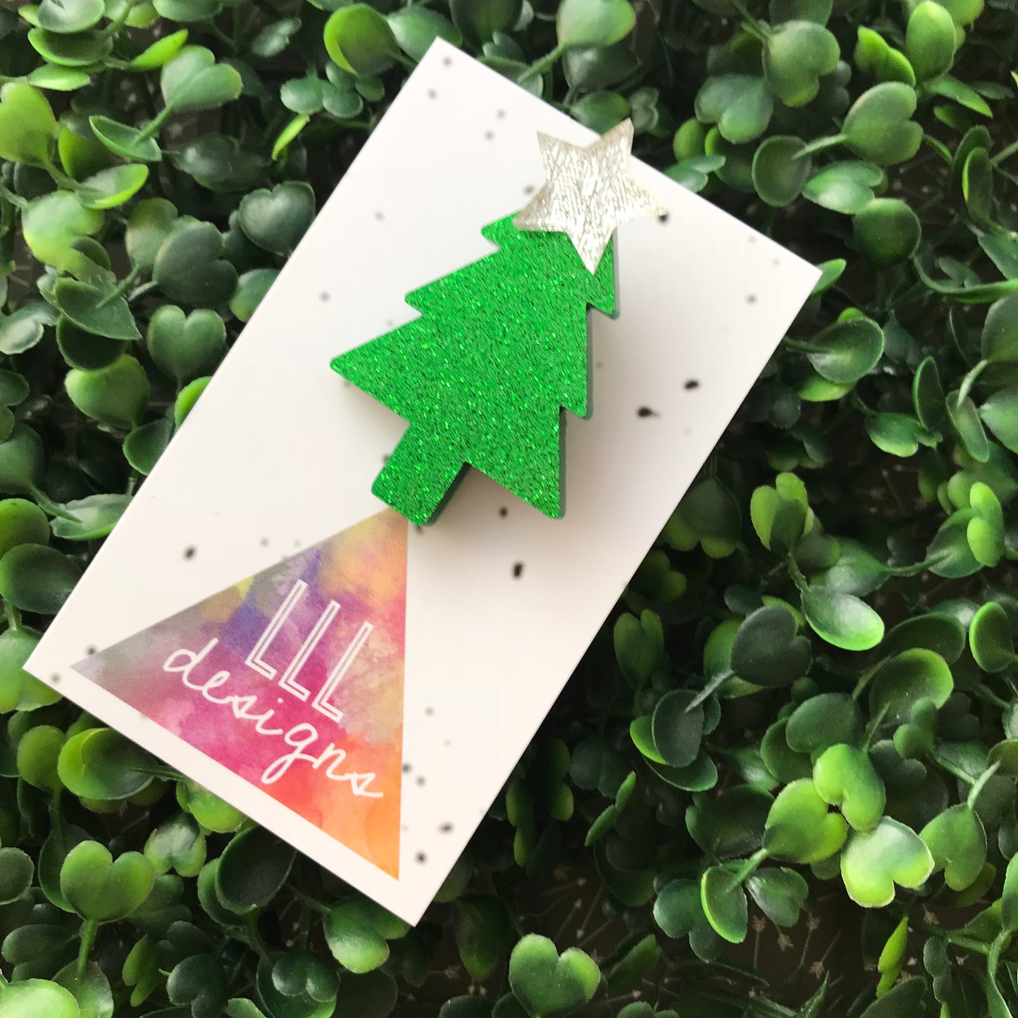 Glitter Green Christmas Tree Brooch with Silver Star Topper.