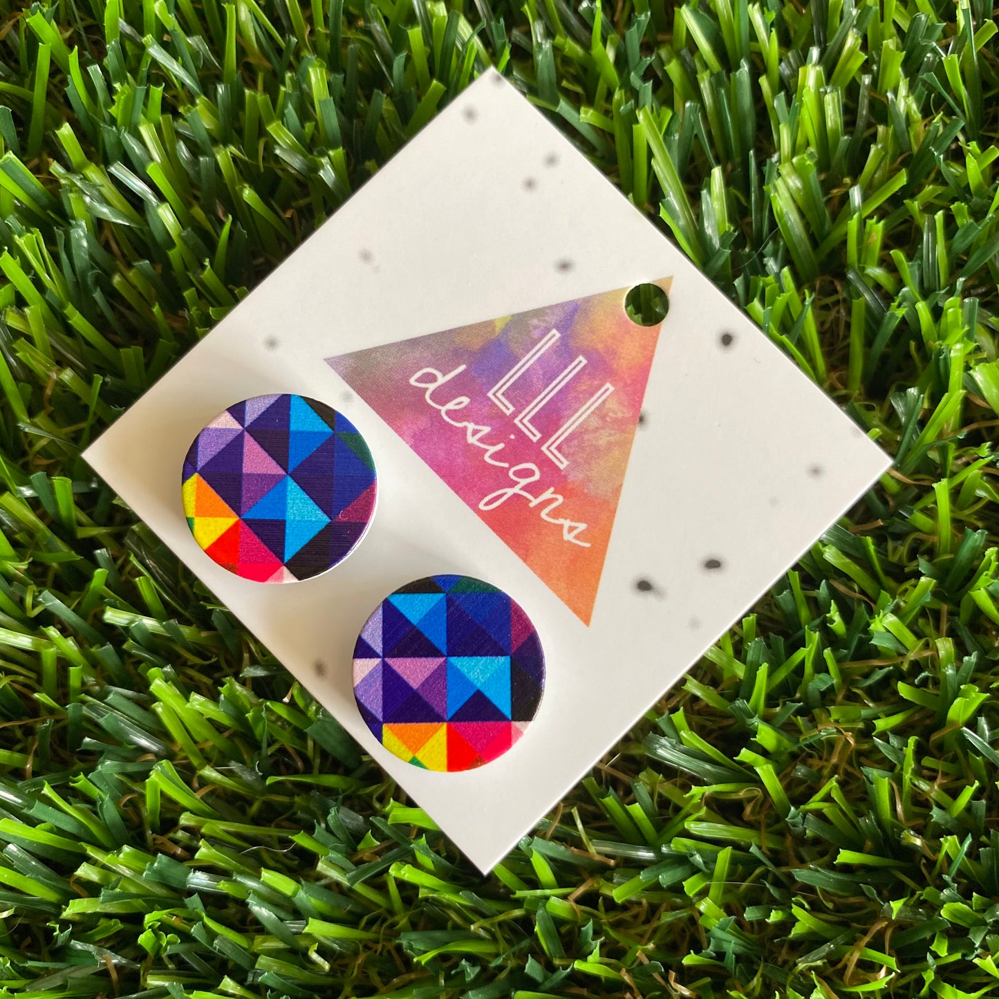 A Rainbow of Colour in these Geometric Printed Timber Stud Earrings.