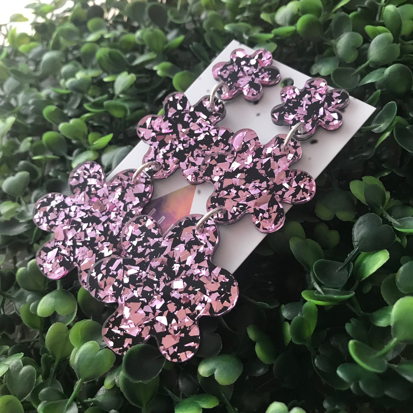Shatter Pink and Black Flower Triple Drop Earrings.