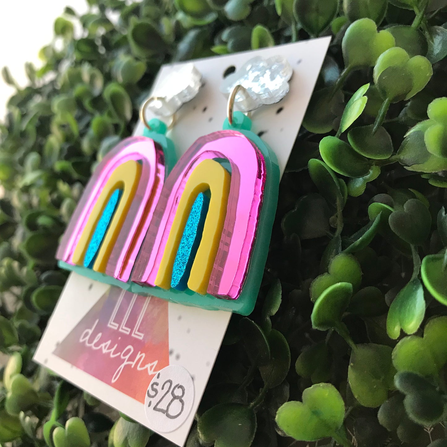 Rainbow Dangle Earrings - Colourful Wonky Acrylic Rainbow Earrings, finished with Glitzy Silver Cloud Tops.