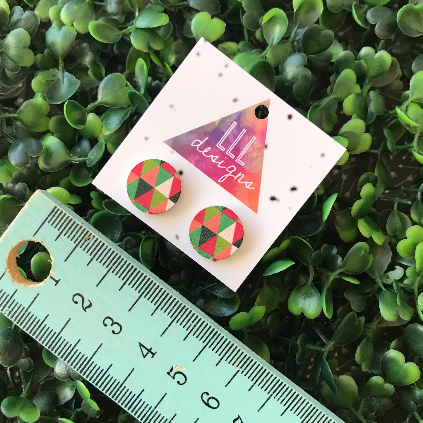 Multi Coloured Geometric Printed Timber Stud Earrings.