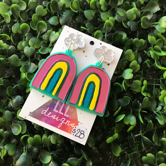 Rainbow Dangle Earrings - Colourful Wonky Acrylic Rainbow Earrings, finished with Glitzy Silver Cloud Tops.