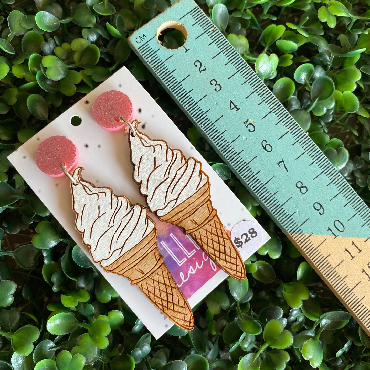 Ice Cream Earrings. Hand Painted Timber - Soft Serve Ice Cream - Statement Dangle Earrings. Featuring Pink Glitter Tops.