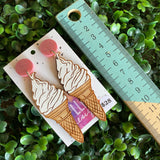 Ice Cream Earrings. Hand Painted Timber - Soft Serve Ice Cream - Statement Dangle Earrings. Featuring Pink Glitter Tops.