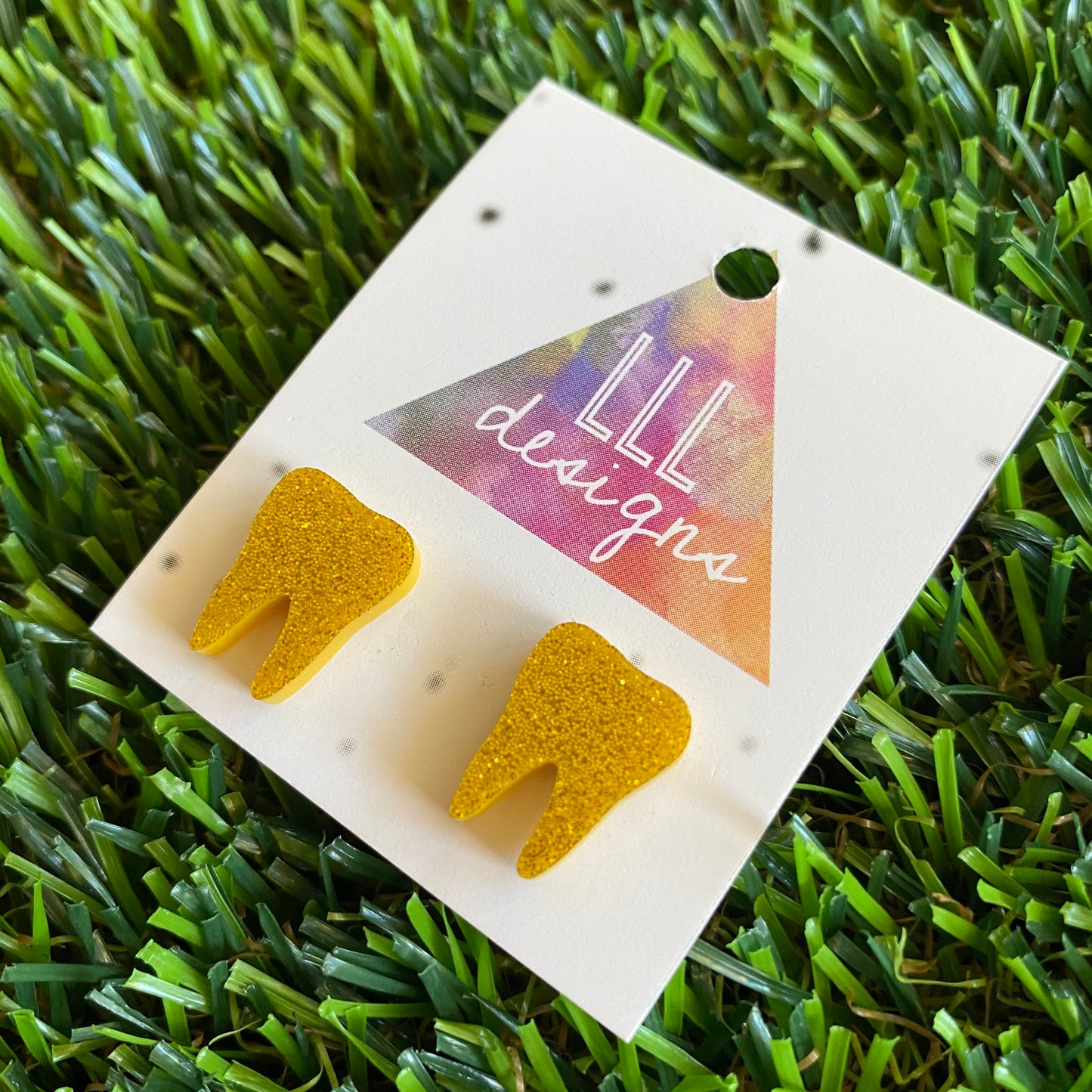 Tooth Earrings - Gold Teeth Earrings - Glitter Gold Tooth Stud Acrylic Earrings.