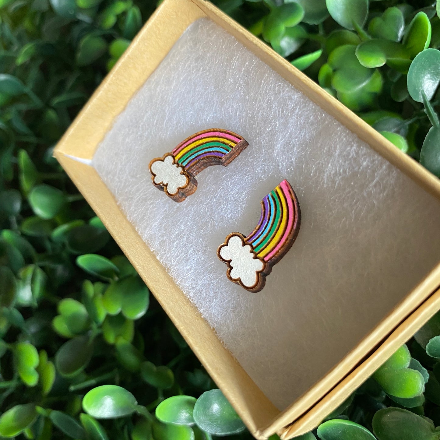 Rainbow Earrings. Itty Bitty Hand Painted Bamboo Rainbow and Cloud Stud Earrings. Made with love in the LLL Studio :) (Cute Colour Way)