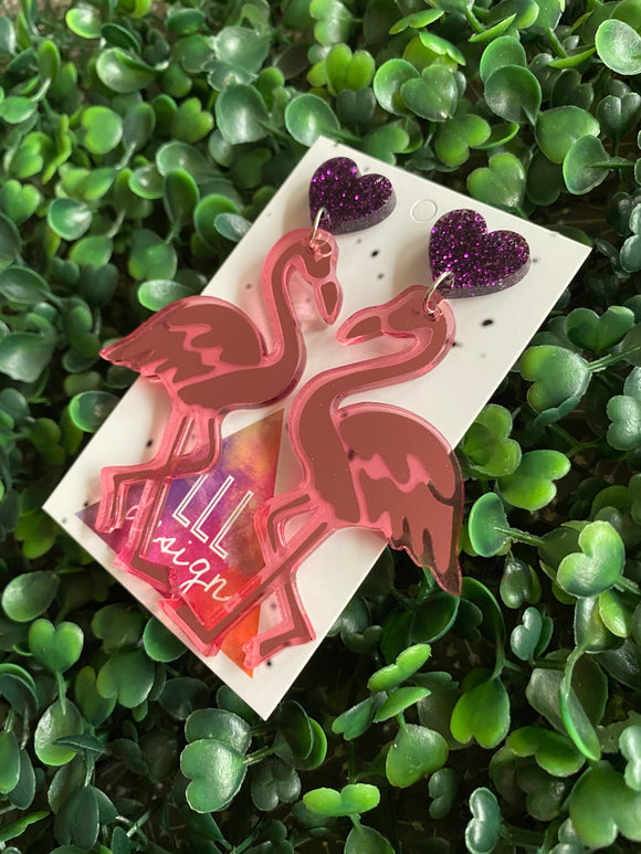 Flamingo Lover Duo Statement Dangle Statement Earrings. Featuring Purple Glitter Heart Tops.