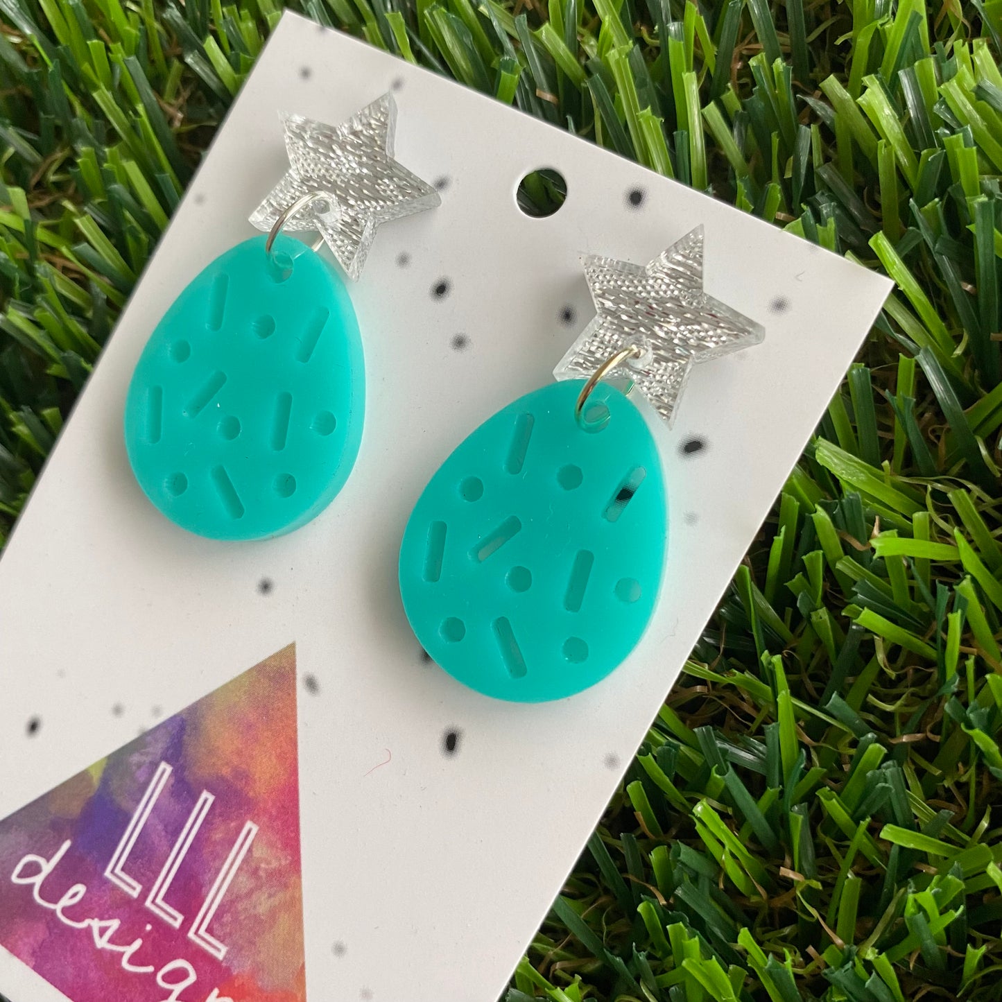 Mint Lush Drop Dangle Earrings with Silver Glitz Star Toppers