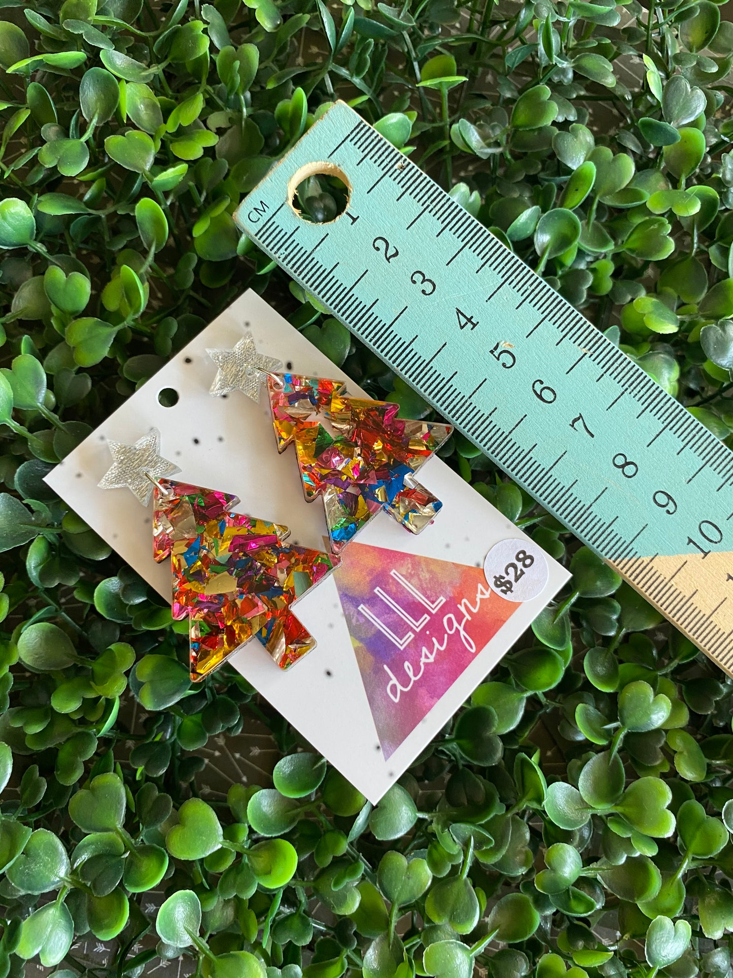 Rainbow Metallic Glitz Christmas Tree Statement Dangle Earrings with Silver Glitz Star Tops. #festiveaf