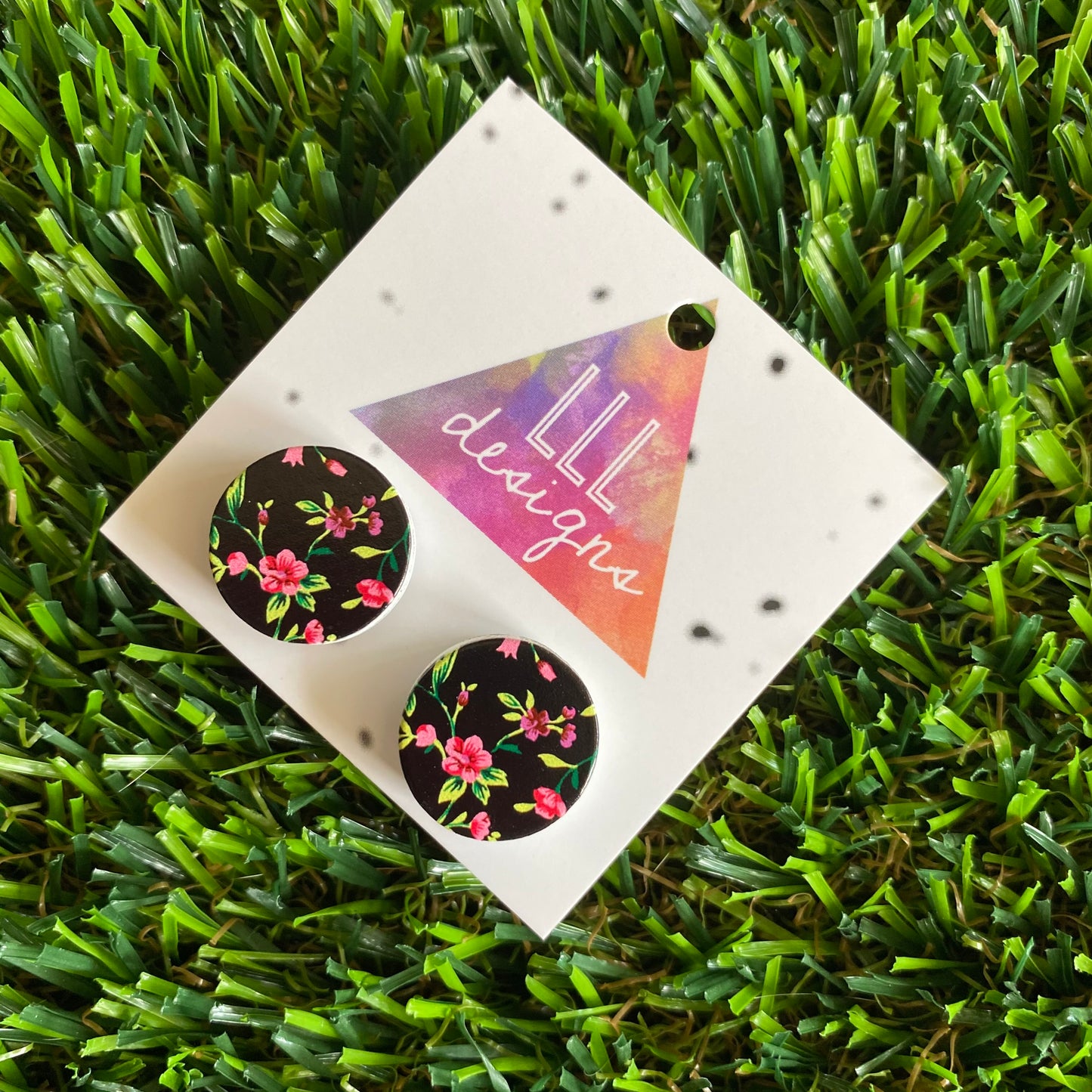 Pretty Pink Floral Printed Timber Stud Earrings (dark backgound).