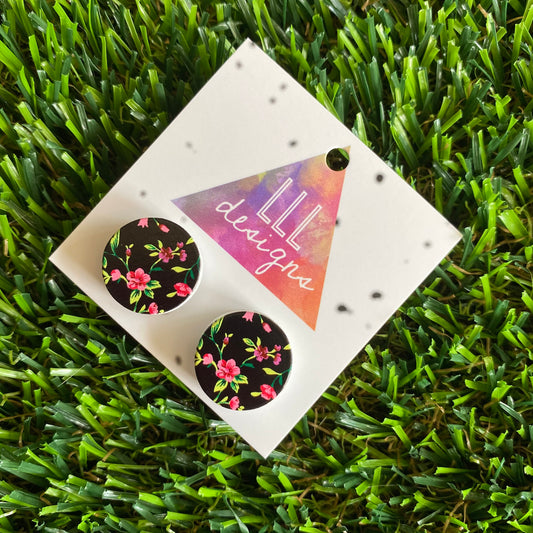 Pretty Pink Floral Printed Timber Stud Earrings (dark backgound).