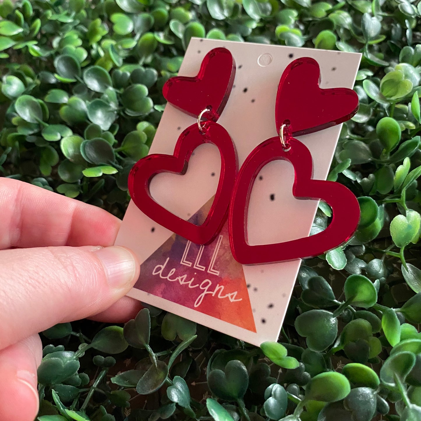 Love Heart - Double Red Mirror Love Heart Statement Dangle Earrings.