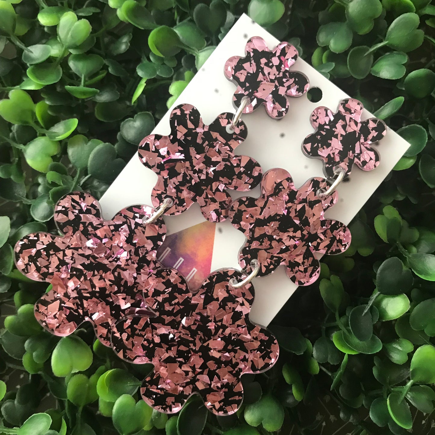Shatter Pink and Black Flower Triple Drop Earrings.