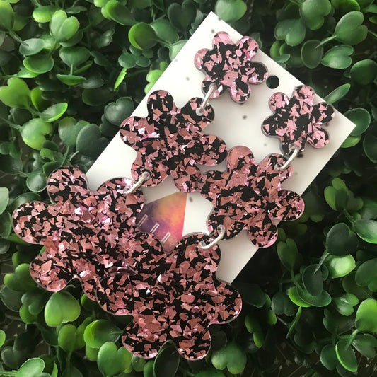 Shatter Pink and Black Flower Triple Drop Earrings.