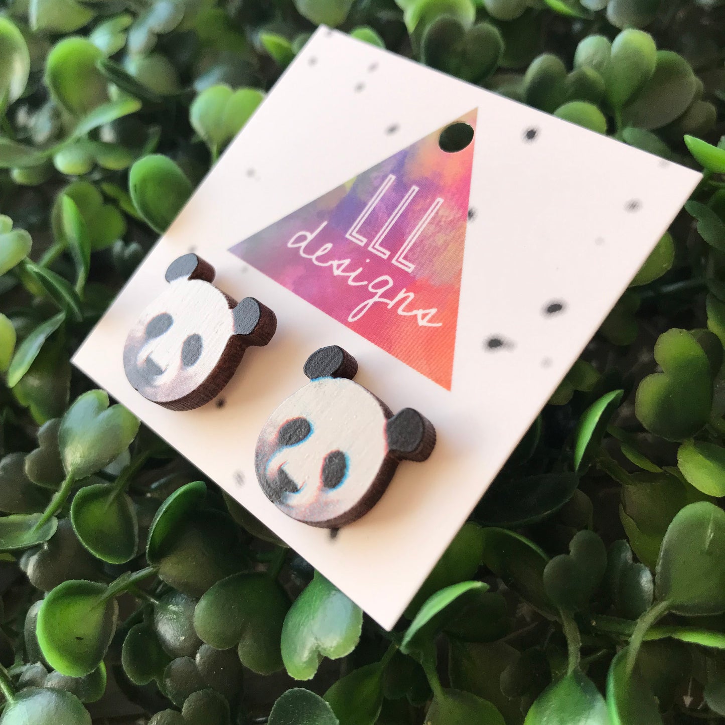 Printed Timber Panda Stud Earrings. Animal Earrings.