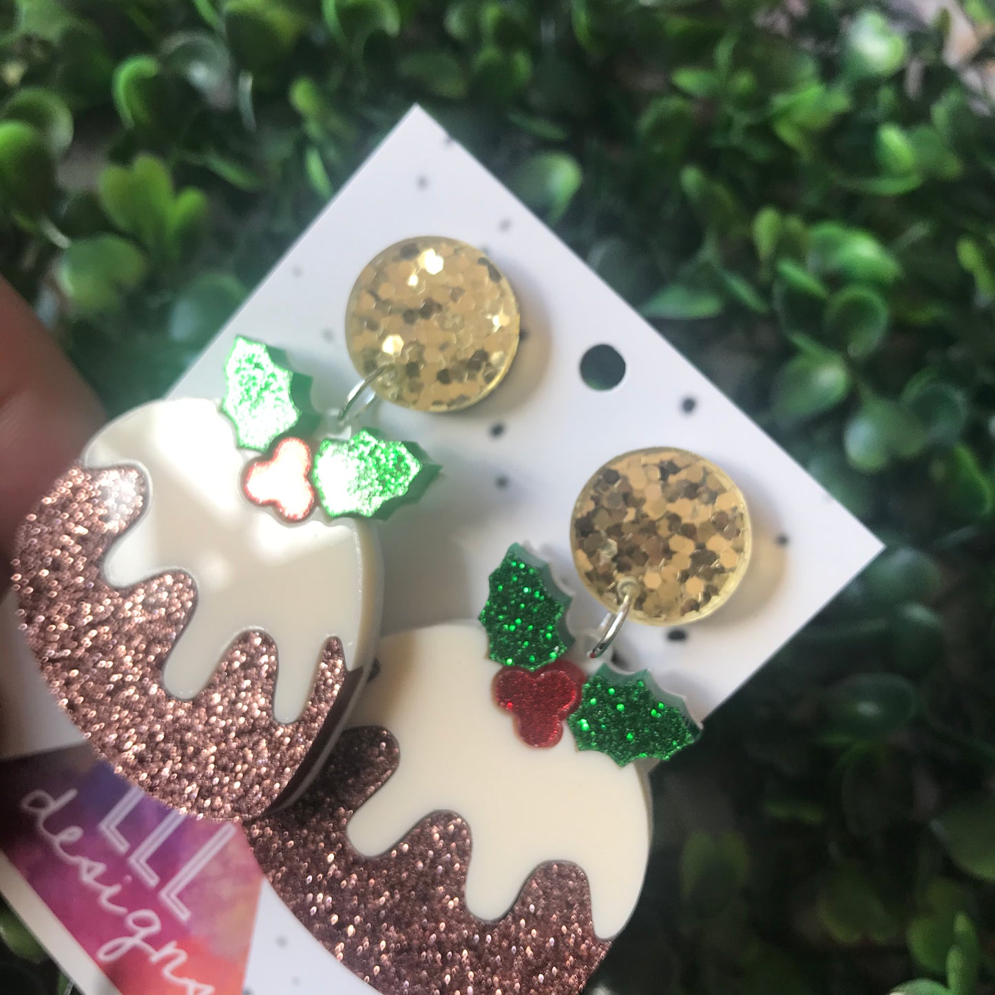 Christmas Pudding Dangle Earrings - Featuring Dazzling Metallic Gold Tops.