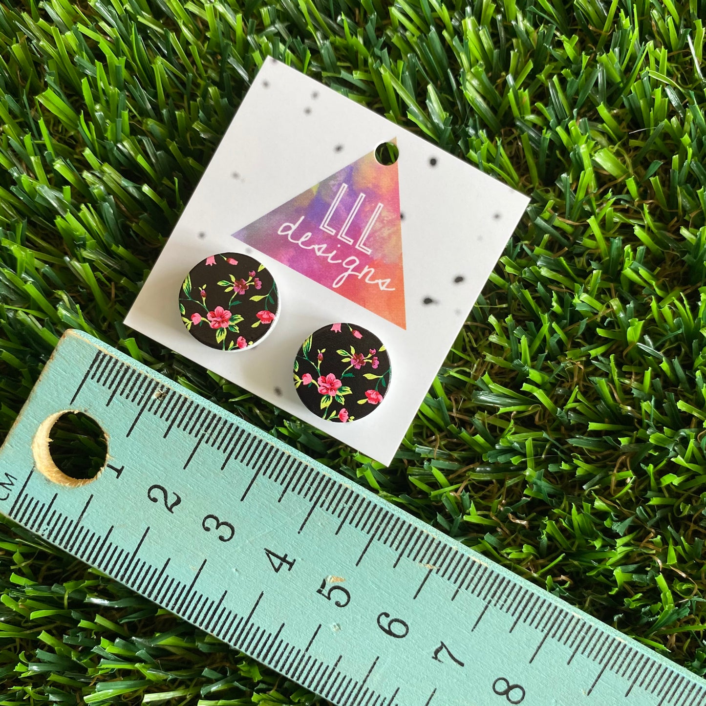 Pretty Pink Floral Printed Timber Stud Earrings (dark backgound).