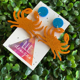 Crab Earrings. Glitter Orange Crab Statement Dangle Earrings.