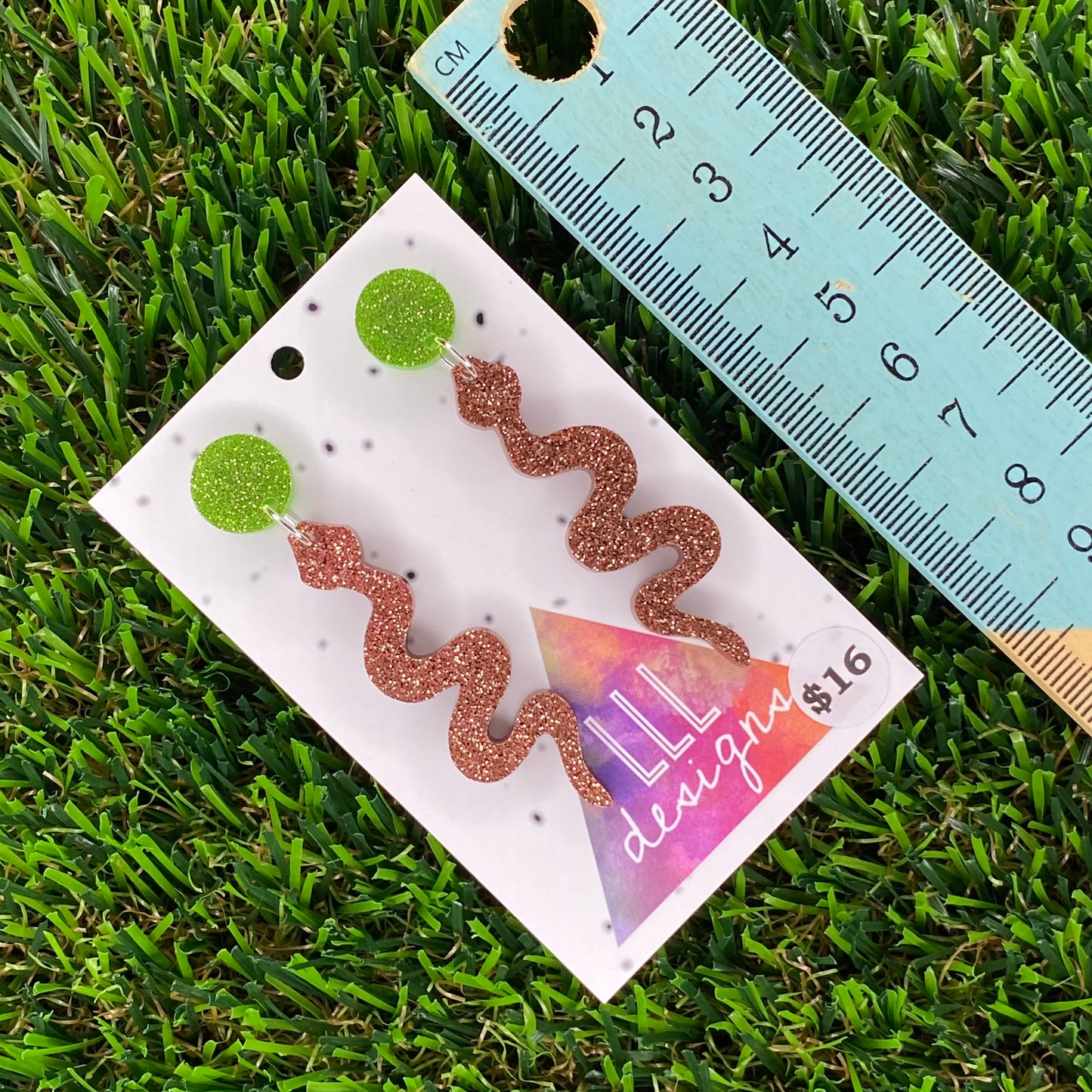 Glitter Copper Snake Dangle Earrings - Small Size