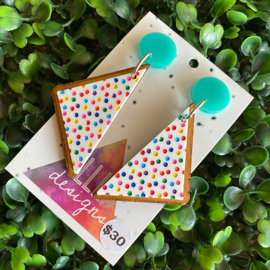 Fairy Bread Statement Dangle Earrings - Hand Painted Acrylic and Timber Earrings. With Mint Tops.