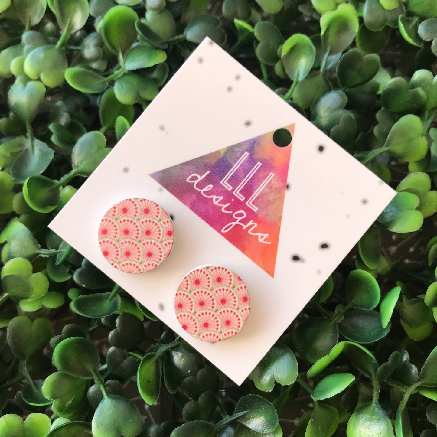 Pink Fan Geometric Printed Timber Stud Earrings.