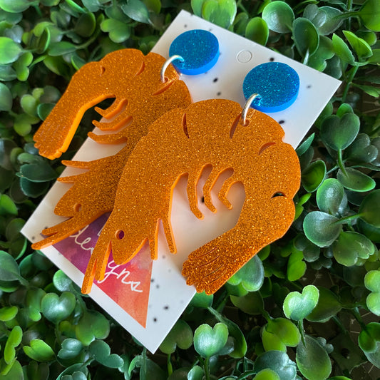 Prawn Dangle Earrings. Mega Orange Glitter Prawn Dangle Statement Dangle Earrings with Blue Glitter Tops.