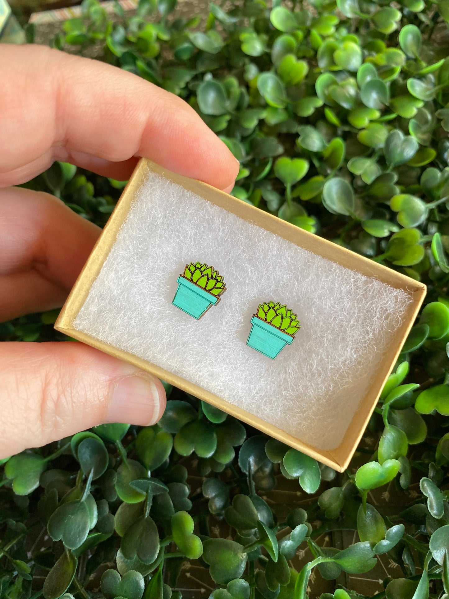 Succulent Earrings - Detailed Hand Painted Bamboo Earrings - Packaged in Recycled Branded Cardboard Gift Box - Available in 3 Stunning Colours.