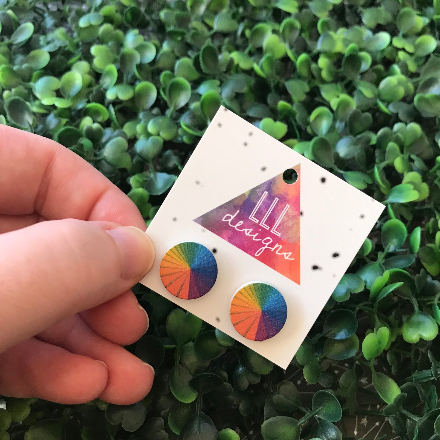 Rainbow Colour Wheel Printed Timber Stud Earrings.