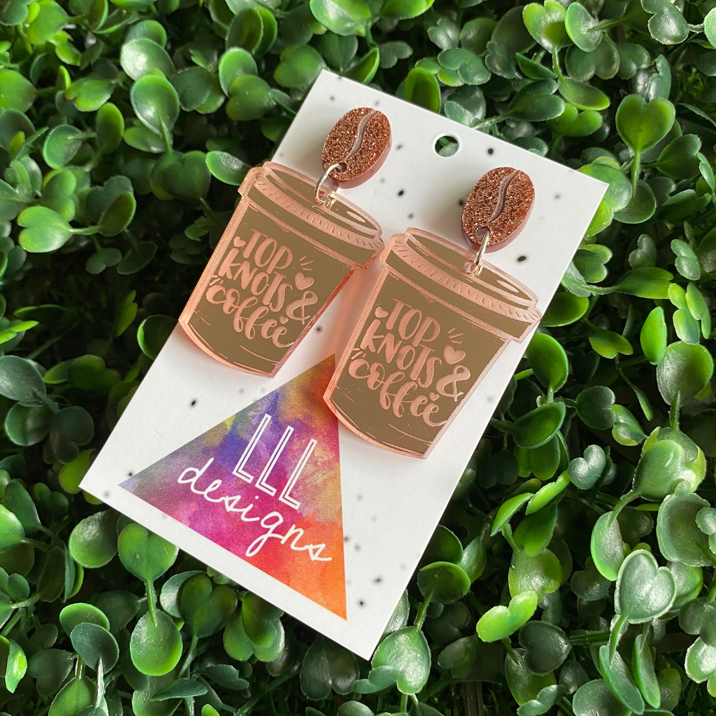 Top Knots & Coffee Statement Dangle Earrings Featuring Copper Glitter Coffee Bean Tops to make them POP!