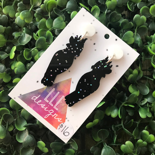 Glitter Black Cockatoo Statement Dangle Earrings. (med) Australian Earrings. Australian Animal. Quirky Earrings. Galaxy Glitter Earrings.