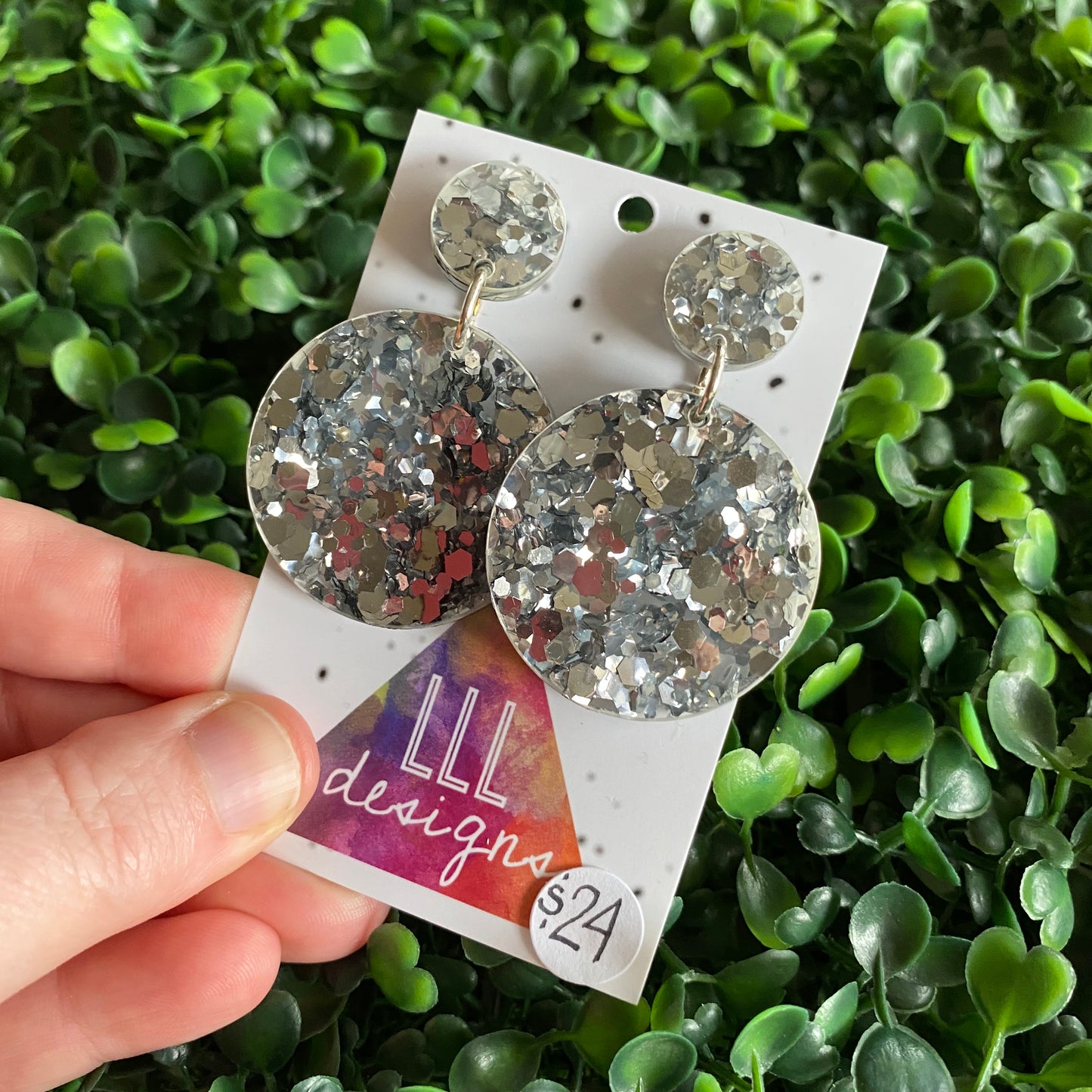 Silver Confetti Circle Dangle Earrings. All Kinds of Sparkle & Glitter Joy!