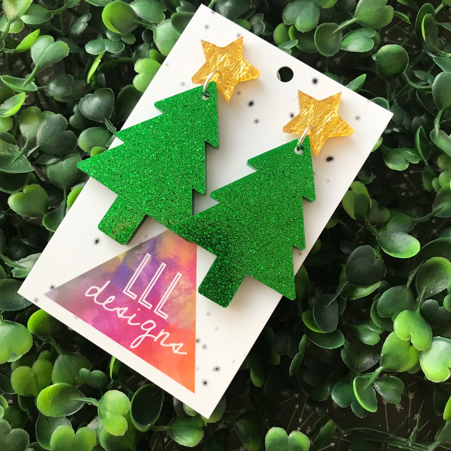 Glitter Green Christmas Tree Statement Dangle Earrings with Gold Star Topper (d/g)