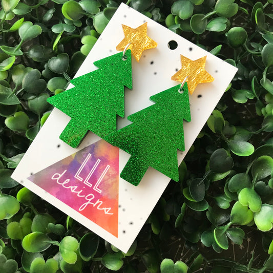 Glitter Green Christmas Tree Statement Dangle Earrings with Gold Star Topper (d/g)