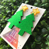 Glitter Green Christmas Tree Statement Dangle Earrings with Gold Star Topper (d/g)
