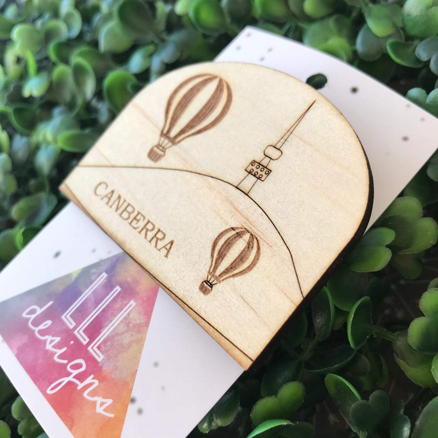 Canberra Black Mountain - Hot Air Balloon Timber Brooch. Telstra Tower Brooch.