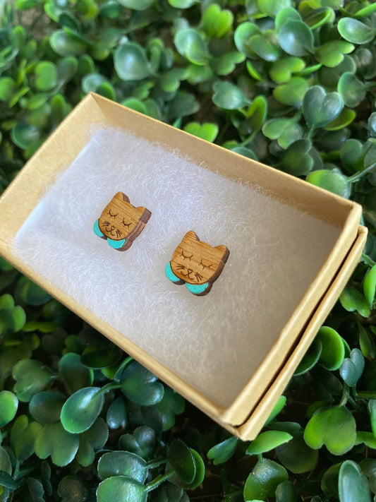 Sleepy Kitty Earrings - Detailed Hand Painted Bamboo Earrings - Available in 2 Stunning Colours.