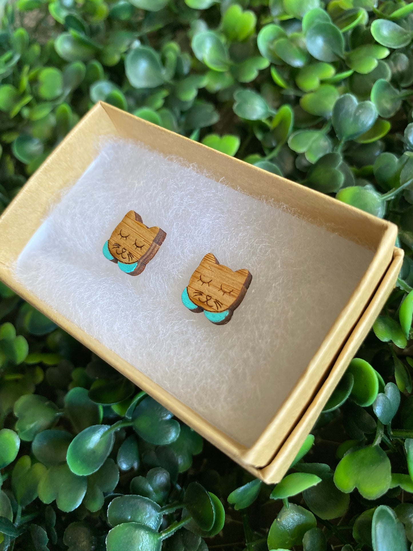 Sleepy Kitty Earrings - Detailed Hand Painted Bamboo Earrings - Available in 2 Stunning Colours.