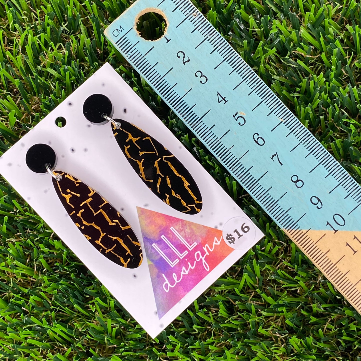 Black and Gold Crackle Oval Dangle Earrings