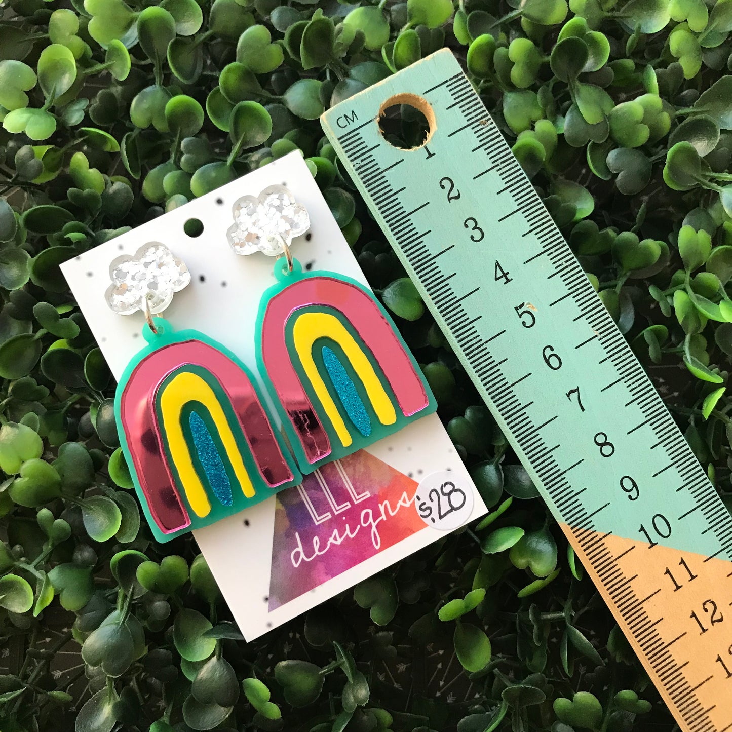 Rainbow Dangle Earrings - Colourful Wonky Acrylic Rainbow Earrings, finished with Glitzy Silver Cloud Tops.