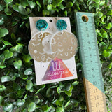 Moon Earring. Dreamy Sleepy Mirror Moon Dangle Earrings in Silver with Stunning Aqua Confetti Acrylic Tops.