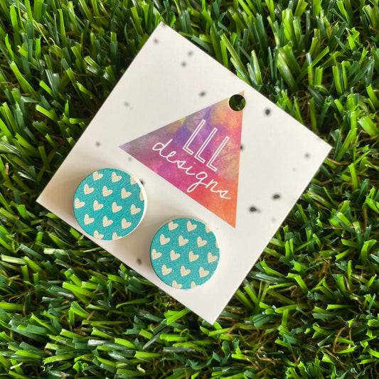 White Love Hearts on a Light Blue Printed Timber Stud Earring.