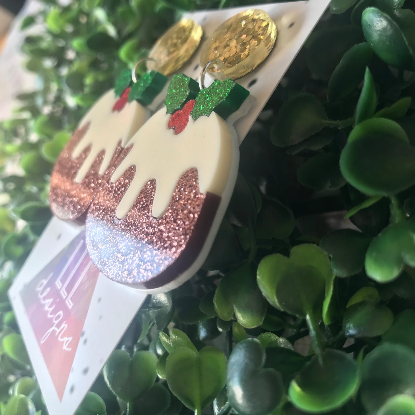 Christmas Pudding Dangle Earrings - Featuring Dazzling Metallic Gold Tops.