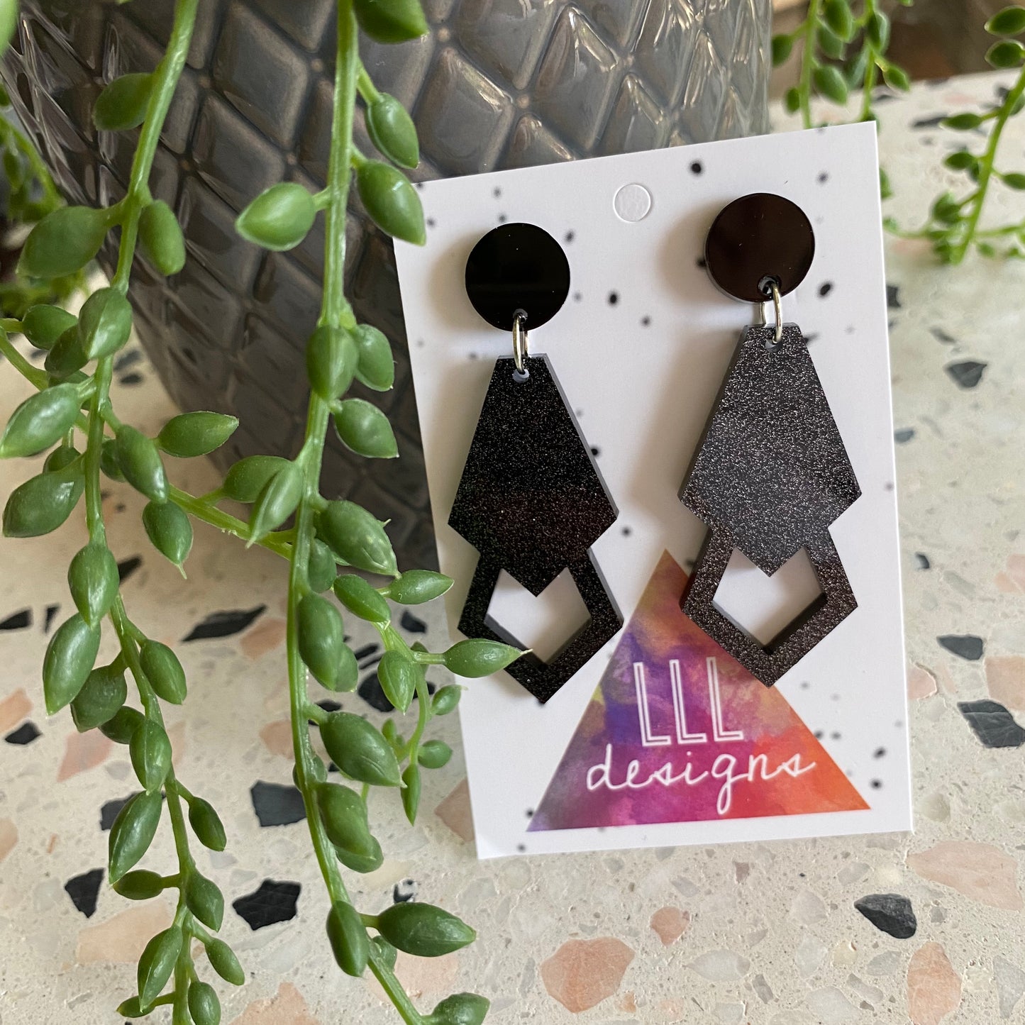 Art Deco Inspired Glitter Black Dangle Earrings.