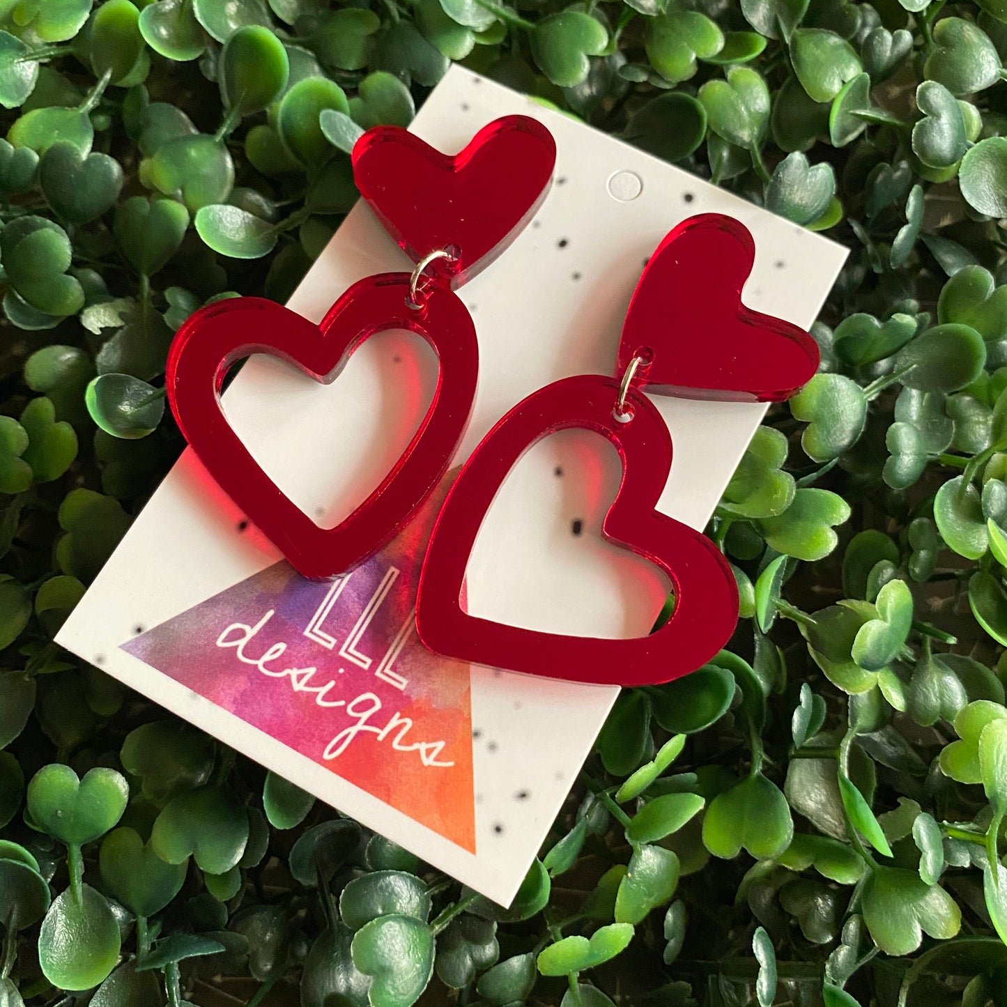 Love Heart - Double Red Mirror Love Heart Statement Dangle Earrings.