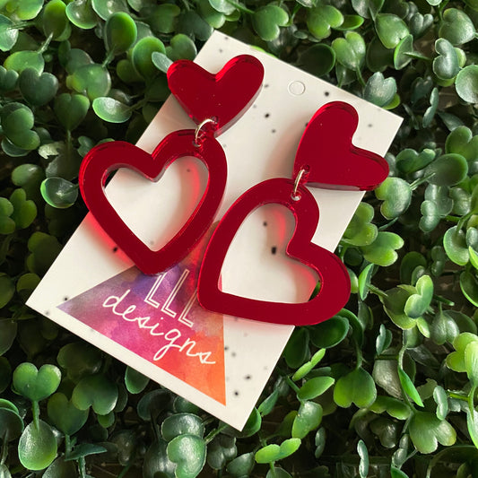 Love Heart - Double Red Mirror Love Heart Statement Dangle Earrings.