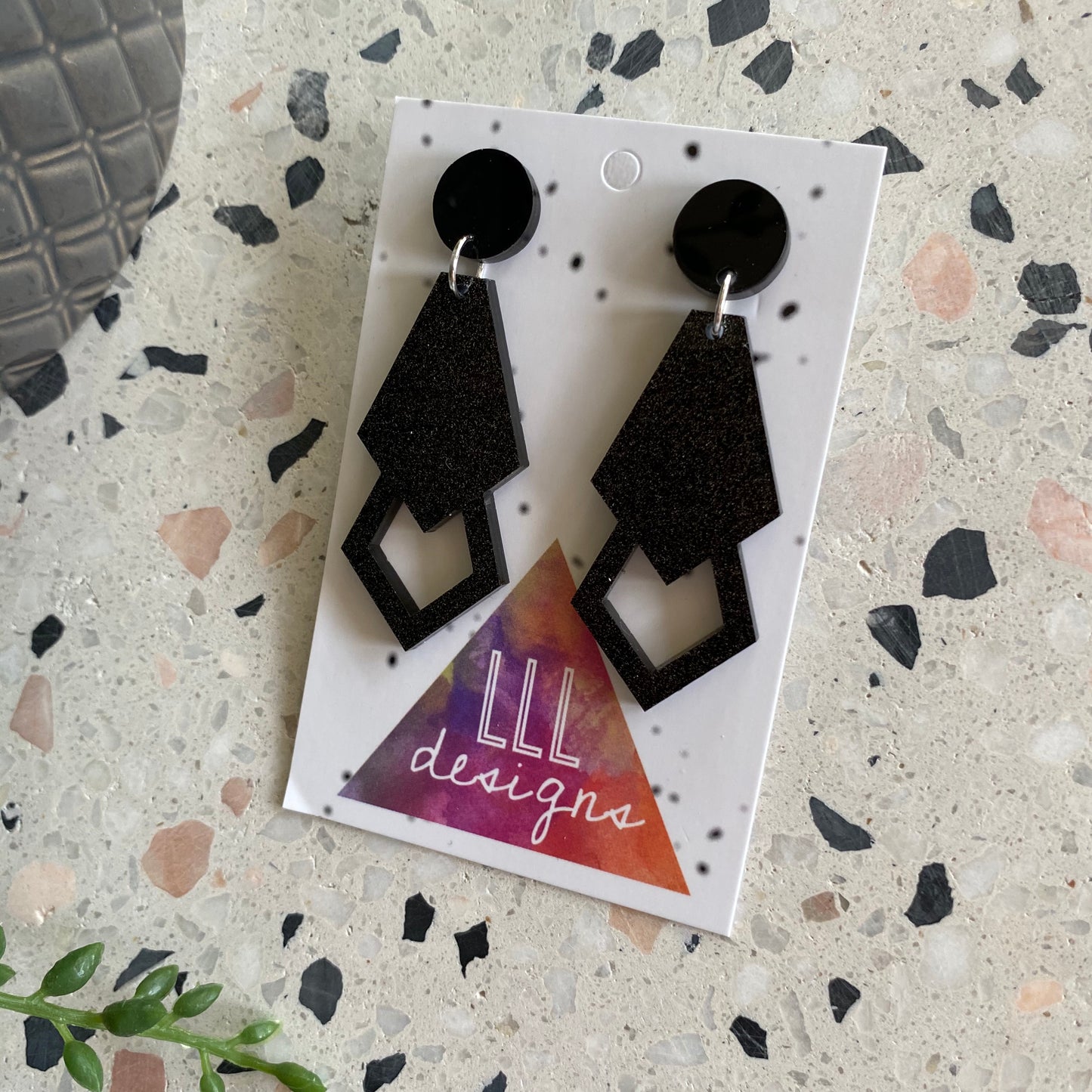 Art Deco Inspired Glitter Black Dangle Earrings.