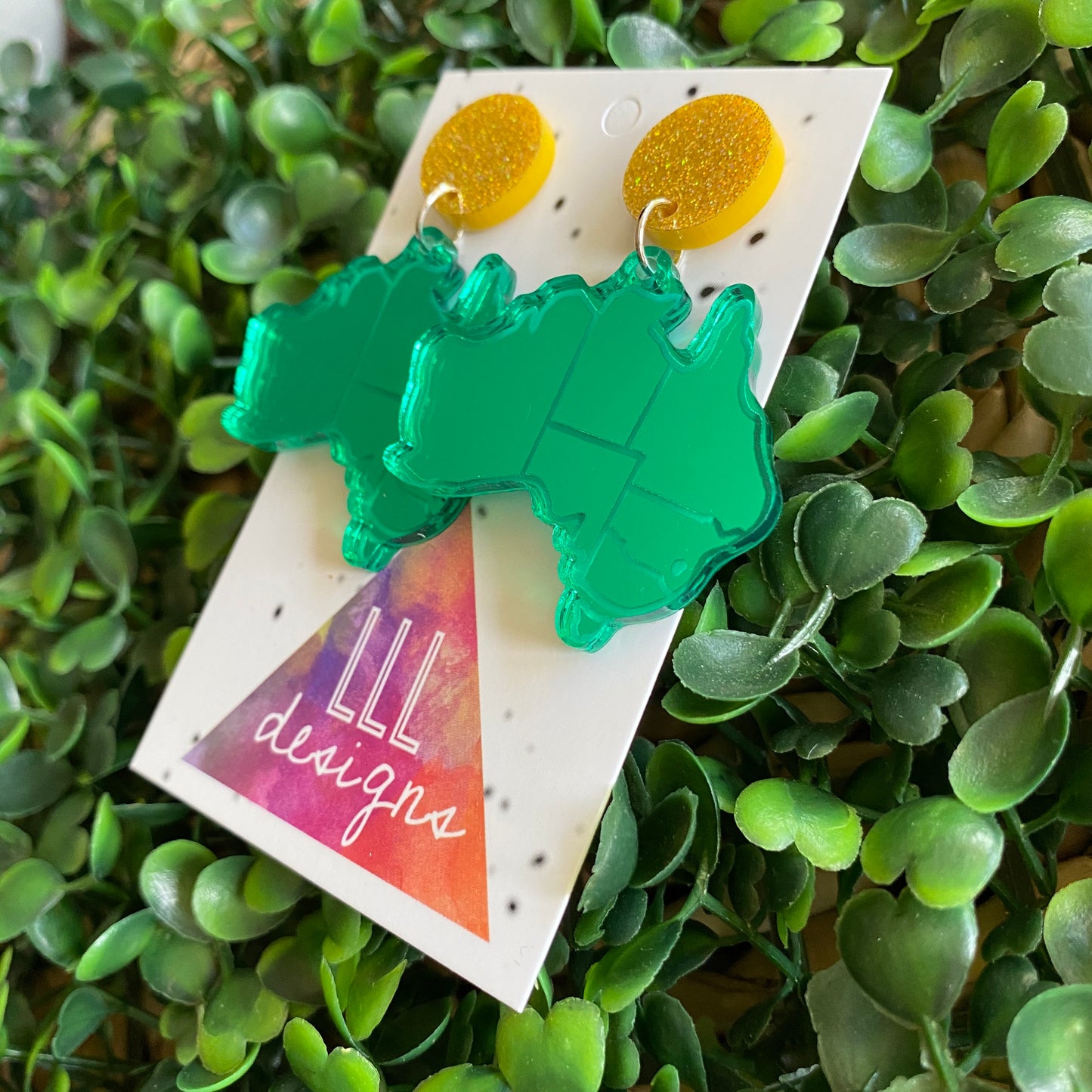Australian Map Earrings. Green Mirror Australian Map Dangle Earrings with Glitter Gold Tops.