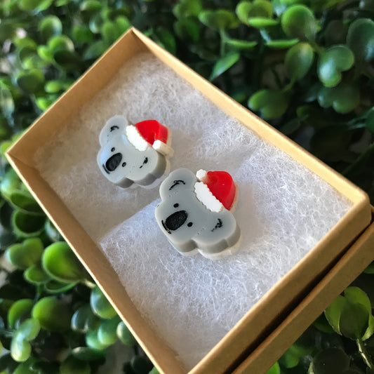 Australian Christmas Koala Stud Earrings - Detailed Tiny Layered Acrylic Koala Santa Stud Earrings.